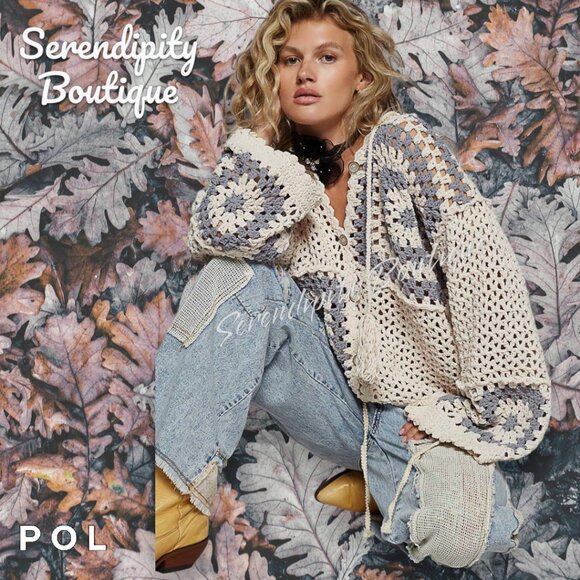 POL Cozy Slouchy Thick Lush Oversized Lavender Crochet Button Up Hoodie Sweater - Picture 8 of 11